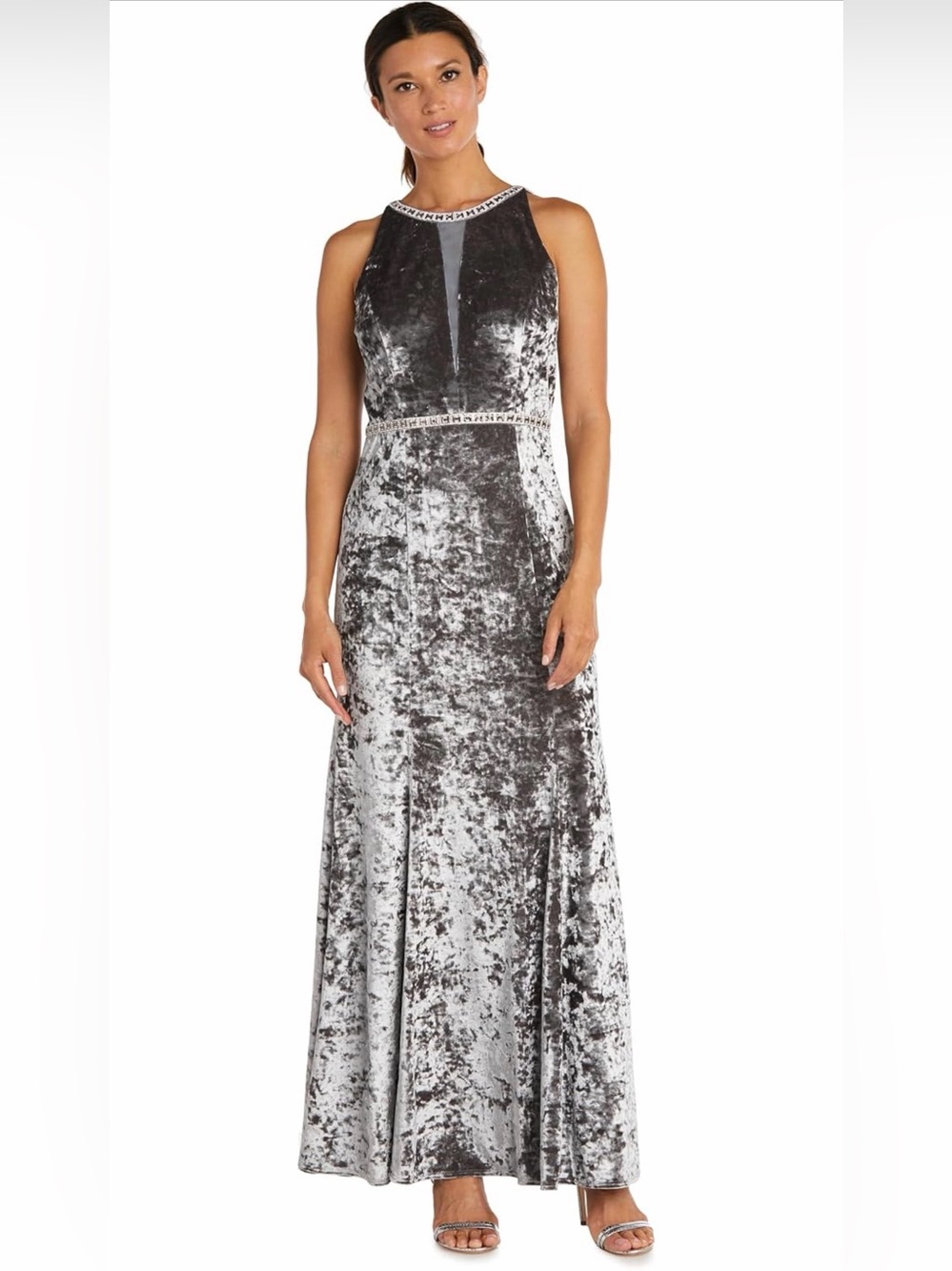 R&M Richards Silver Crushed Velvet Halter Gown with Embellished Trim